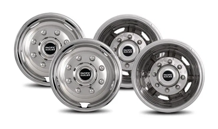 30-1708 – PACIFIC DUAL Wheel Simulator, Fits 17 Inch - 8 Lug, 5 Vent Holes Wheel Polished Stainless Steel Bolt-On Doe...